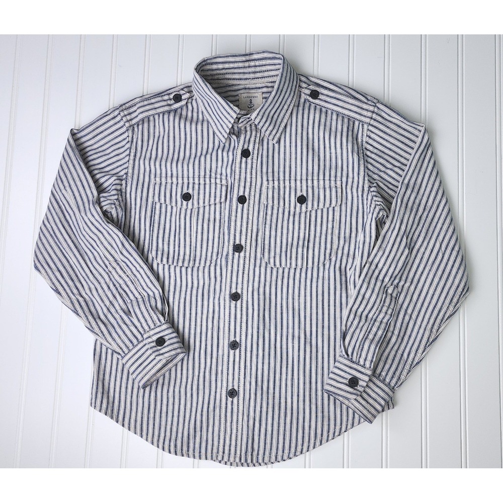 Lands End Boys Size Small Button Down Kids Blue‎ White Roll Tab Sleeve